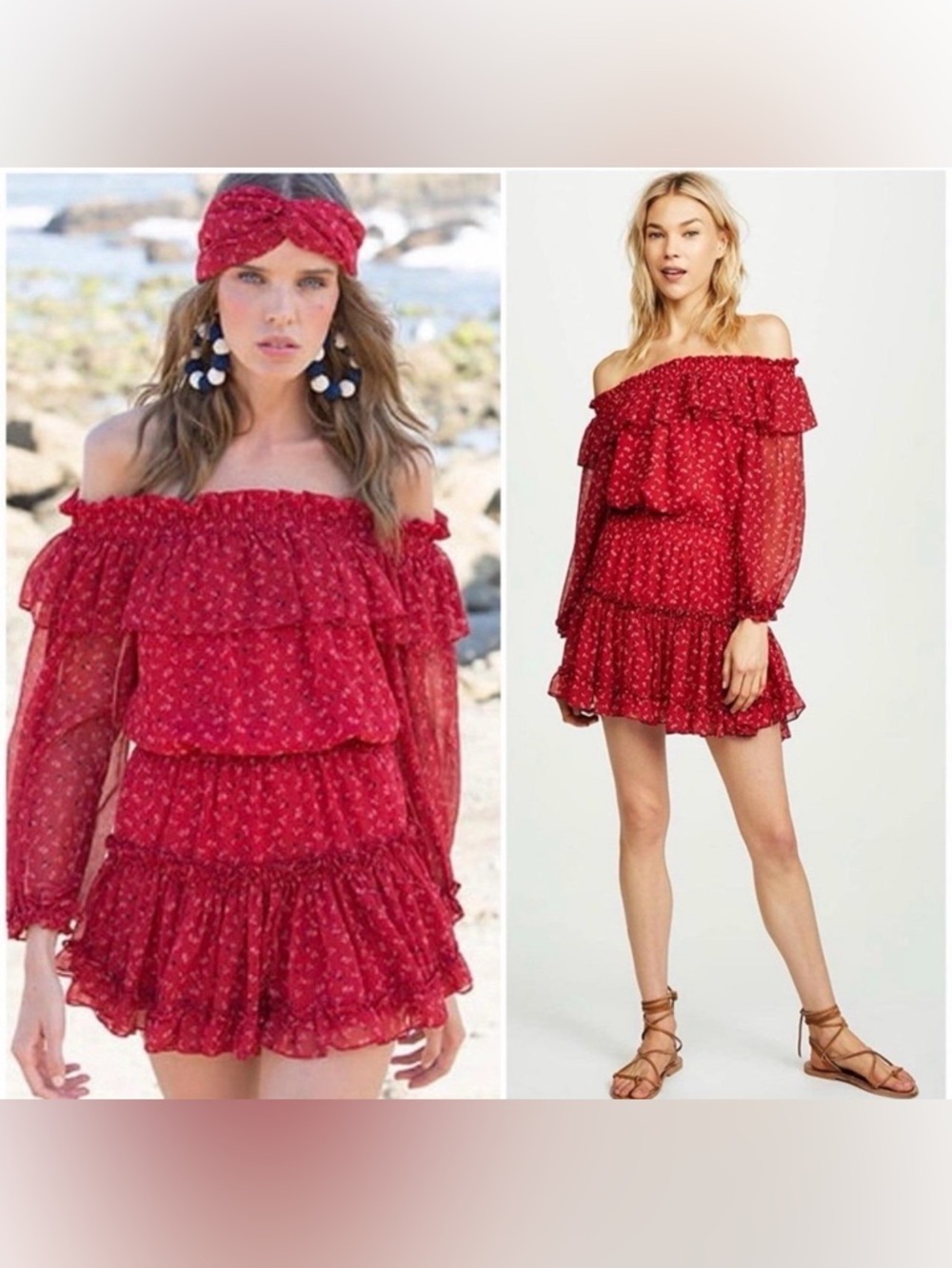 MISA Darla Red Floral Off Shoulder Smocked Ruffle Mini Dress L - Picture 2 of 11